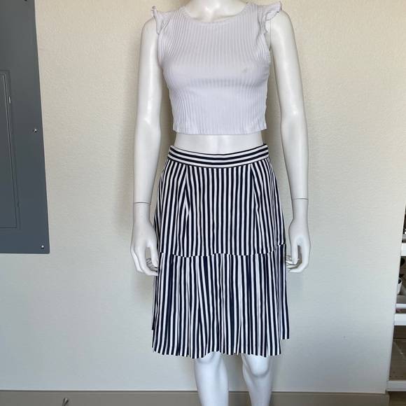 Vintage 1960s Pleated Navy Blue White Stripes Zip Up Skirt Made in USA - Picture 1 of 7